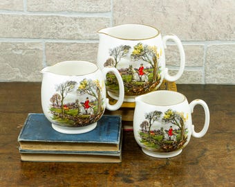 Vintage English Sadler Staffordshire Pottery Hunt Scene Porcelain Graduating Jugs, Set of 3