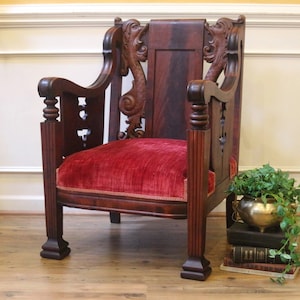 Antique 19th Century Carved Dragons Empire Style Over Sized Arm Chair