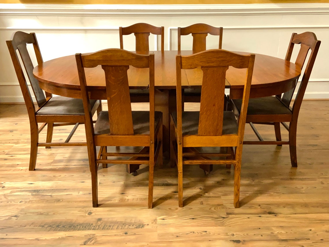 Antique Oak Mission Craftsman Style Round Dining Table with 3 Etsy