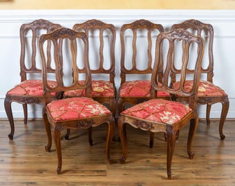 Antique Louis XV Style Oak Chairs - Set of 6 - Belgium Carved Furniture