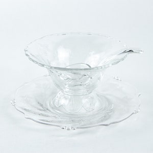 Vintage Heisey Glass Mayo Bowl with Under Plate and Ladle. Heisey Rose pattern.