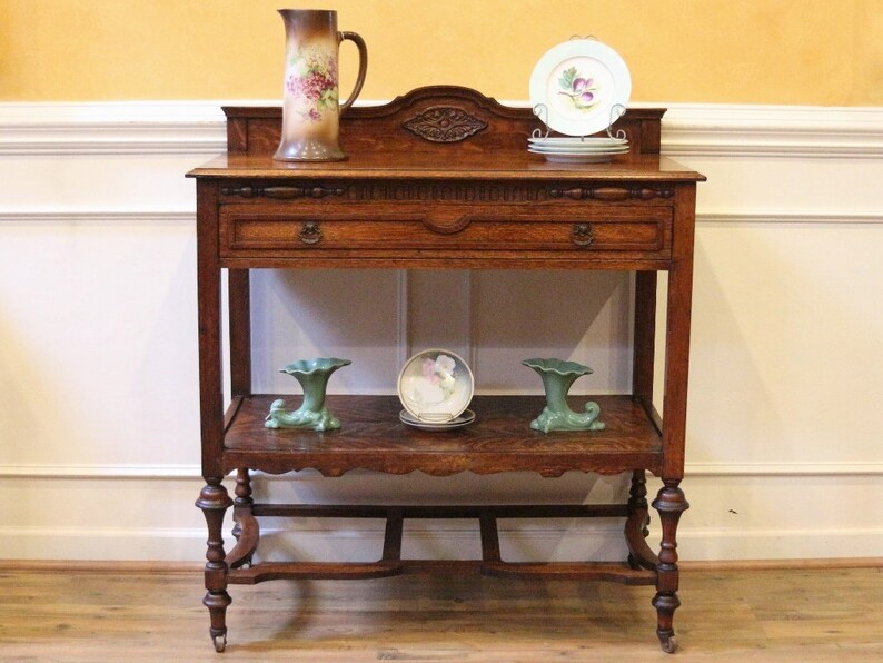 Antique Tiger Oak Server Console Hall Table Buffet C 1900 Image 0