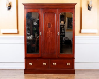 Antique English Victorian Inlaid Mahogany Wardrobe Late 19th Century, Restored.