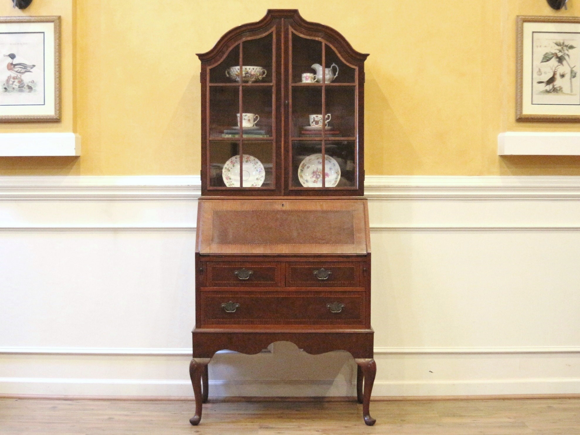 Antique Bureau Bookcase Secretary Desk Inlaid Mahogany Etsy