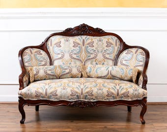 Antique 19th Century Victorian Rose Carved Walnut Settee Newly Upholstered.