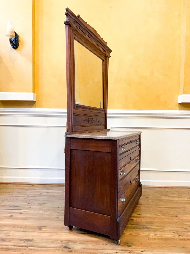 Antique Eastlake Carved Walnut Marble Top Dresser C.1880 Etsy