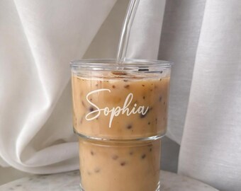Personalised Glass Tumbler With Lid & Straw | Custom Name Stackable Cup | Aesthetic Iced Coffee Glass | Gift for Her