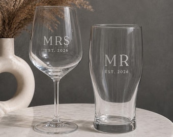 Mr and Mrs Wine Glass and Pint Glass Set | Personalised Wedding Gift for Couple | Newlywed Gift | Bride and Groom Glasses | Anniversary Gift