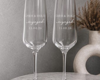 Personalised Engagement Champagne Flutes Set of 2 | Engaged Couple Gift | Custom Names and Date Glasses | Engagement Gift Box