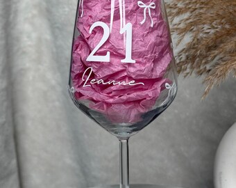 Personalised 21st Birthday Wine Glass | Custom Name & Age Glass | 18th 21st 25th 30th Birthday Gift for Her | Aesthetic Bow Wine Glass