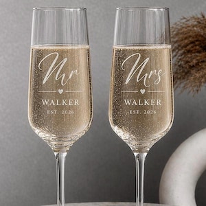 Personalised Engraved Mr & Mrs Flutes | Engraved Wedding Glass Set | Bride, Groom Gift | Custom Name Wedding Glasses | Engagement Gift