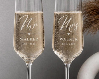 Personalised Engraved Mr & Mrs Flutes | Engraved Wedding Glass Set | Bride, Groom Gift | Custom Name Wedding Glasses | Engagement Gift