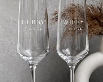 Personalised Mr & Mrs Champagne Flutes | Wedding Gift for Couple | Engaged Gift Set | Bride Groom Glasses | Custom Surname EST Date