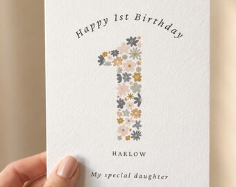 Personalised 1st Birthday Card Girl | Floral First Birthday Card | Custom Name Daughter Birthday Card | Age 1 Birthday Card