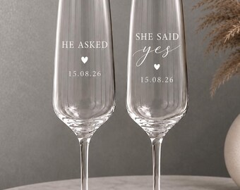 Engagement Champagne Flutes Set | He Asked She Said Yes Glasses | Personalised Engagement Gift for Couple | Engaged Couple Gift