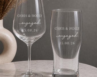 Personalised Engagement Glass Set | Engaged Wine & Beer Glasses | Engagement Gift for Couple | Custom Names Date
