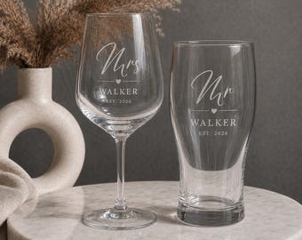 Personalised Mr & Mrs Glass Set | Wedding Wine Pint Glasses | Surname, Date Glass