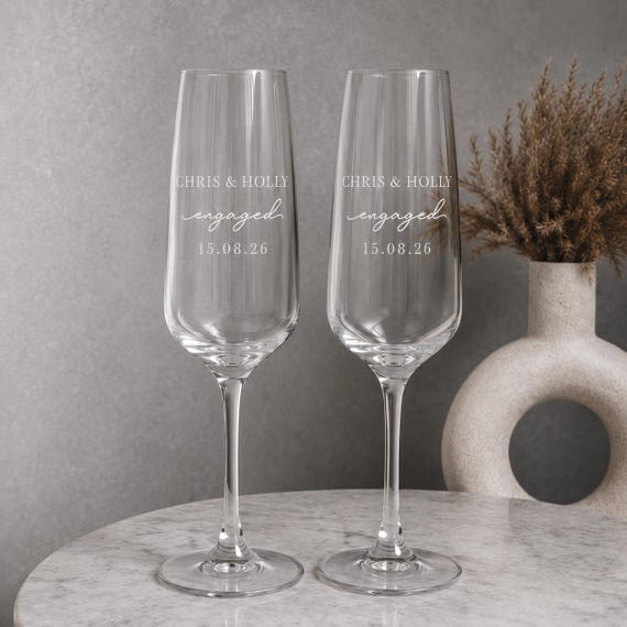 Personalised Engagement Champagne Flutes Set of 2 | Engaged Couple Gift | Custom Names and Date Glasses | Engagement Gift Box