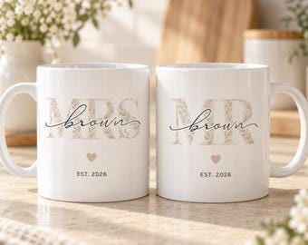 Personalised Mr & Mrs Mug Set, Surname Wedding Mugs, Newlywed Couple Gift, Personalised Wedding Gift, Matching Husband Wife Mugs