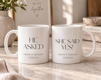 Personalised Engagement Mug Set, He Asked She Said Yes Mugs, Engagement Gift for Couple, Newly Engaged Gift, Proposal Keepsake