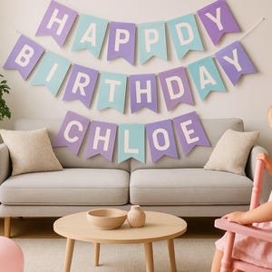 Puede incluir: Una guirnalda de cumpleaños con las palabras "HAPPY BIRTHDAY CHLOE" en letras blancas sobre banderines morados y celeste. La guirnalda está colgada sobre un sofá gris.