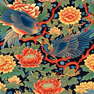 May include: A vibrant floral pattern featuring two blue birds with orange and red accents, surrounded by large orange and yellow flowers and green leaves. The background is a dark navy blue with red vines.