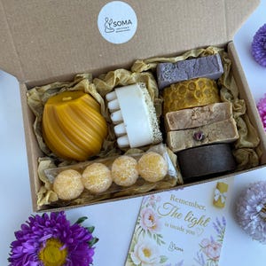 Handmade Spa Gift Set: Beeswax Candle, Artisan Soaps & Sugar Scrub