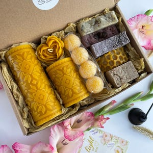 Handmade Spa Gift Box: Beeswax Candle, Natural Soap & Sugar Scrub