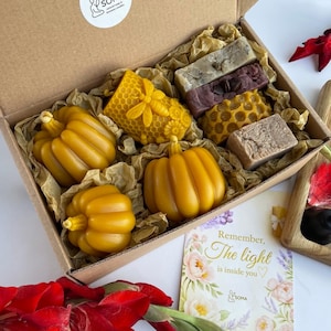 Personalized Fall Gift Box: Pumpkin Beeswax Candles & Artisan Soaps