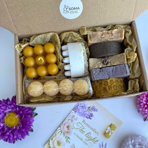 Personalized Beeswax Candle & Natural Soap Gift Set: Handmade Spa Package