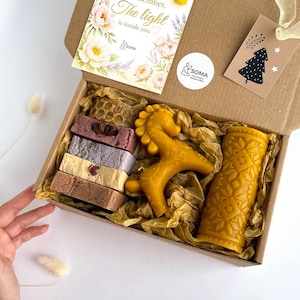 Natural Beeswax Candles and Handmade Soaps Gift Box, Christmas Self Care Spa Set, Eco Friendly Holiday Gift for Her, Bee Candle Box