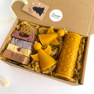 Christmas Gift Box with Angel Candles & Handmade Soaps  Cozy Holiday Candle Gift Set for Her Eco Friendly Beeswax Spa Box