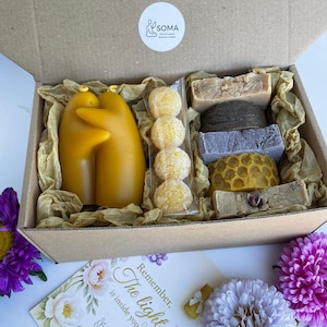 Personalized Spa Gift Box: Beeswax Hug Candle, Natural Soaps & Note