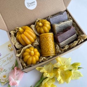 Autumn Self Care Gift Box: Pumpkin Beeswax Candles & Herbal Soap Set