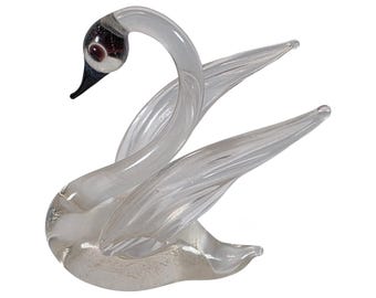 Mini Hand Blown Clear Glass Swan Figurine | Vintage Art Glass Bird Small Collectible Decor