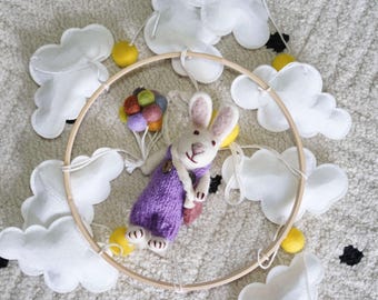 Felt Girl Baby Crib Mobile, Handmade Wool Felt Bunny Nursery Decor, Neutral Spring Easter Newborn Baby Shower Gift & Keepsake