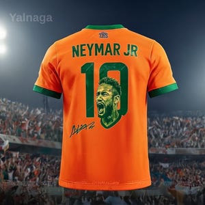 May include: Orange soccer jersey with green accents, featuring the name "NEYMAR JR" and the number "10" in green. Includes a portrait of Neymar and his signature. The jersey has a round neck and short sleeves.