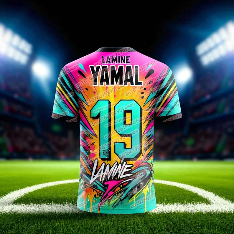 May include: A vibrant soccer jersey with a colorful abstract design. The jersey features the name "YAMAL" above the number "19" in large, bold letters. The name "LAMINE" is printed at the bottom. The shirt's design incorporates splashes of pink, teal, yellow, and black.