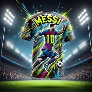 May include: A vibrant graphic of a soccer jersey featuring Lionel Messi in action, with the name "MESSI" boldly displayed. The jersey is adorned with the number 10 and set against a stadium backdrop with bright lights and a soccer ball.
