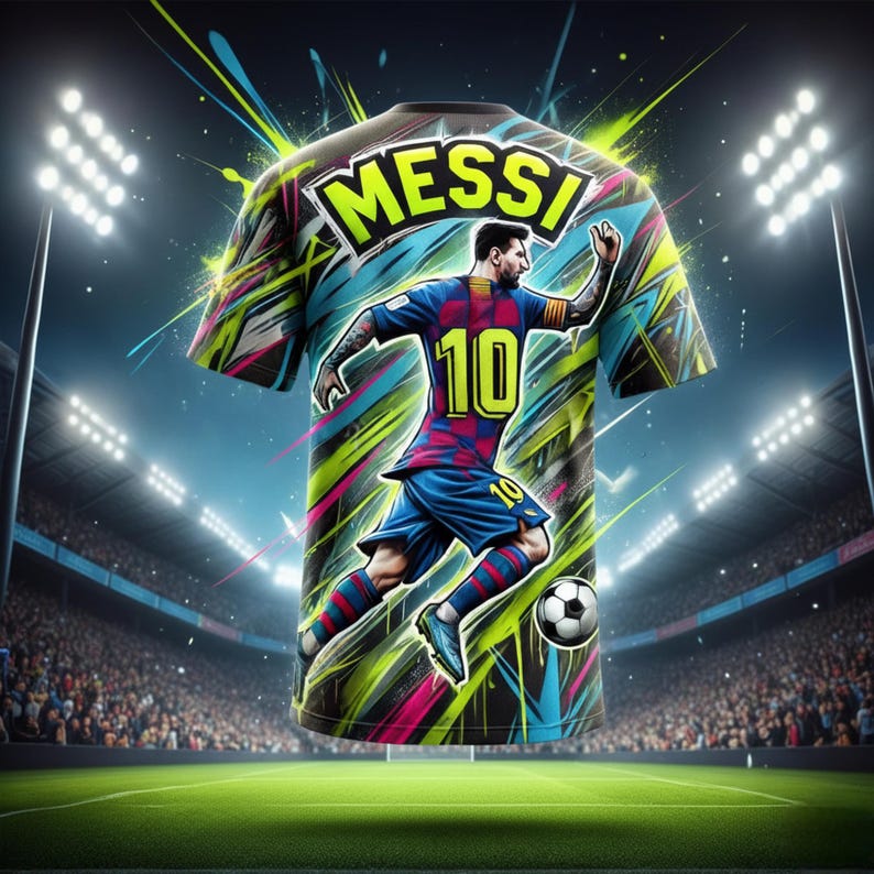 May include: A vibrant graphic of a soccer jersey featuring Lionel Messi in action, with the name "MESSI" boldly displayed. The jersey is adorned with the number 10 and set against a stadium backdrop with bright lights and a soccer ball.