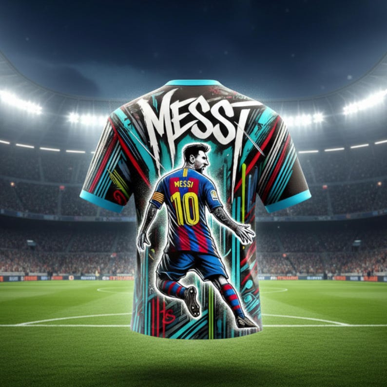 May include: A digitally illustrated soccer jersey featuring Lionel Messi, number 10, in a stadium setting. The jersey has a blue, red, and yellow design with the name "MESSI" on the back. The background shows a green field and stadium seating.