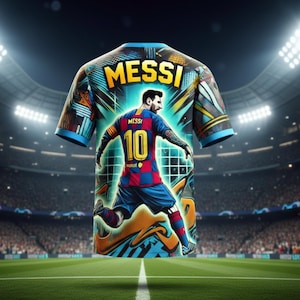 May include: A vibrant soccer jersey featuring a stylized image of a player with the name "MESSI" across the shoulders and the number "10" on the back. The jersey has a colorful, artistic design with blue and red accents, set against a stadium backdrop.