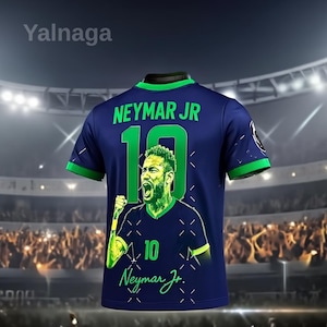 May include: Navy blue soccer jersey featuring a vibrant green portrait of Neymar Jr. with the number 10. The jersey has green accents on the collar and sleeves, and the text "NEYMAR JR" is displayed across the back.