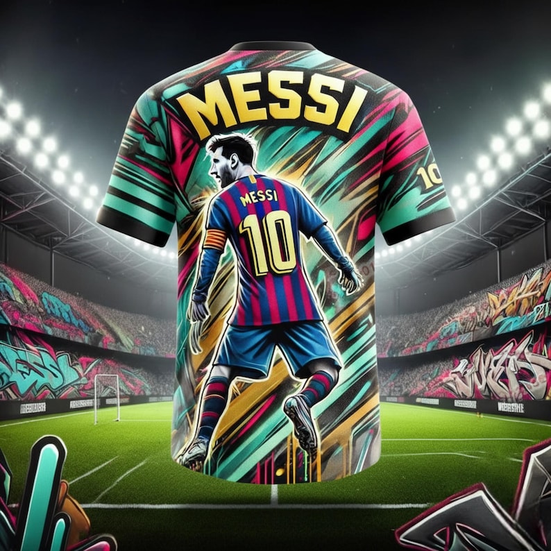 May include: A vibrant soccer jersey featuring a colorful graffiti-style design with the name "MESSI" in bold yellow letters. The jersey showcases a player in a blue and red striped uniform with the number 10. The background depicts a stadium.