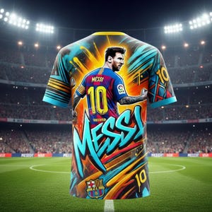 May include: A vibrant, artistic soccer jersey featuring a portrait of Lionel Messi. The jersey is predominantly blue, yellow, and orange, with the number 10 prominently displayed. The name "MESSI" is written in graffiti style. The background shows a stadium.