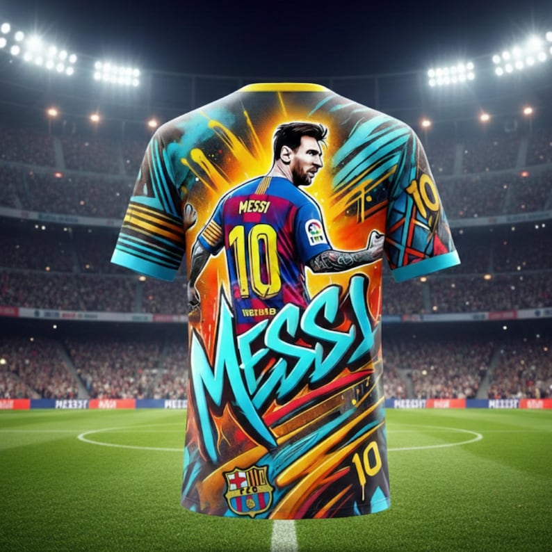 May include: A vibrant, artistic soccer jersey featuring a portrait of Lionel Messi. The jersey is predominantly blue, yellow, and orange, with the number 10 prominently displayed. The name "MESSI" is written in graffiti style. The background shows a stadium.