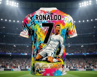 Maglietta sportiva da uomo in stile graffiti 3D Ronaldo 7, estiva, a maniche corte, traspirante, casual, da allenamento