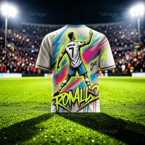 May include: A white soccer jersey with a colorful graffiti design featuring a player with the number 7 and the name "RONALDO". The jersey has blue shorts and a rainbow trim on the sleeves. The background shows a stadium and green grass.
