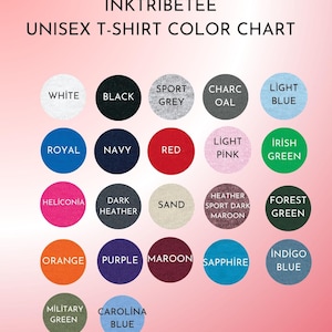 May include: A colour chart for unisex t-shirts, displaying a range of colours. The chart includes shades such as white, black, sport grey, charcoal, light blue, royal, navy, red, light pink, and Irish green. Other colours are also shown.