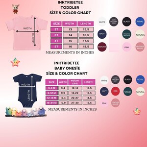 May include: A size and colour chart for toddler t-shirts and baby onesies. The chart includes measurements in inches for various sizes, along with colour options. The toddler sizes range from 2T to 5T, and the baby onesie sizes range from 3-6 months to 18-24 months.